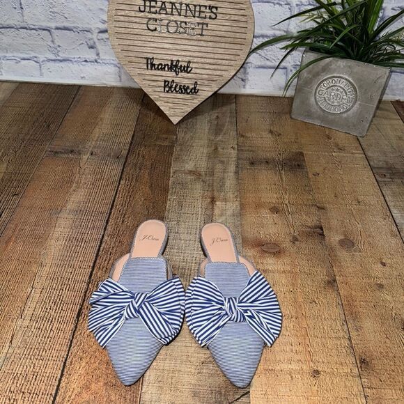 J. Crew Shoes - J.Crew Pointed Toe Mixed Stripe Bow Slides Blue White Mules Flats Fabric 7.5
